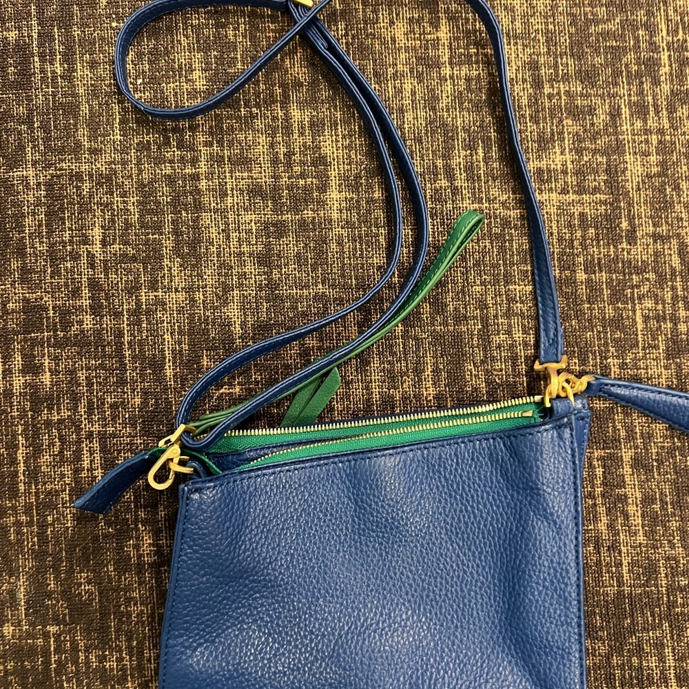 Hammitt Curtis Blue Leather Crossbody with Green Trim and Gold Hardware - Picture 5 of 8